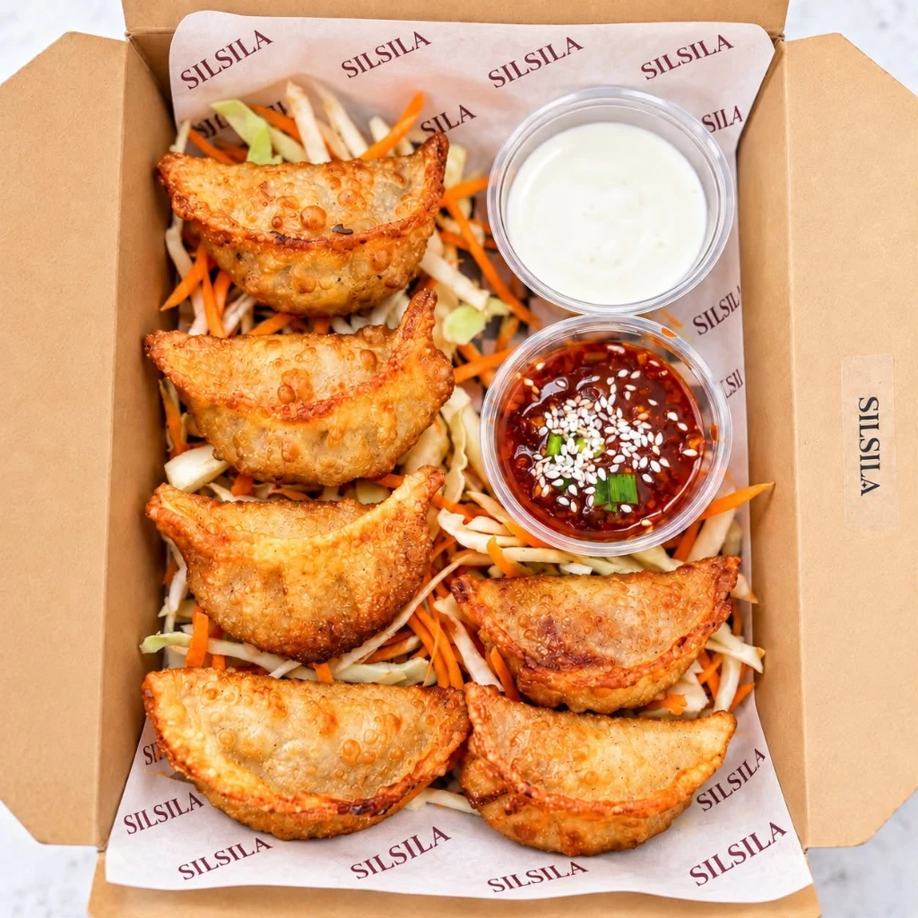 Crispy fried momos in Silsila takeout box with sauces