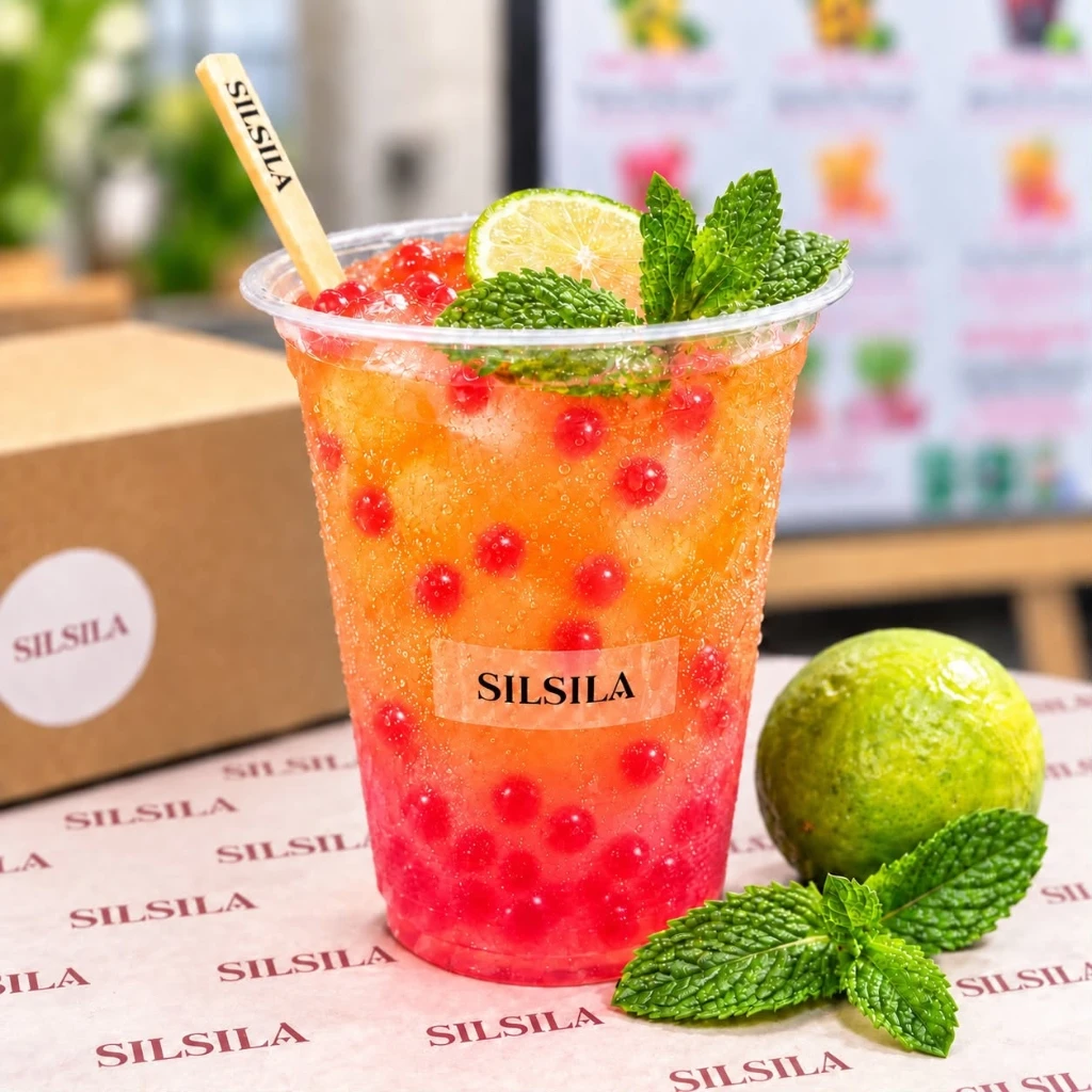Sunset Mantra sparkling fruit boba refresher with fresh mint