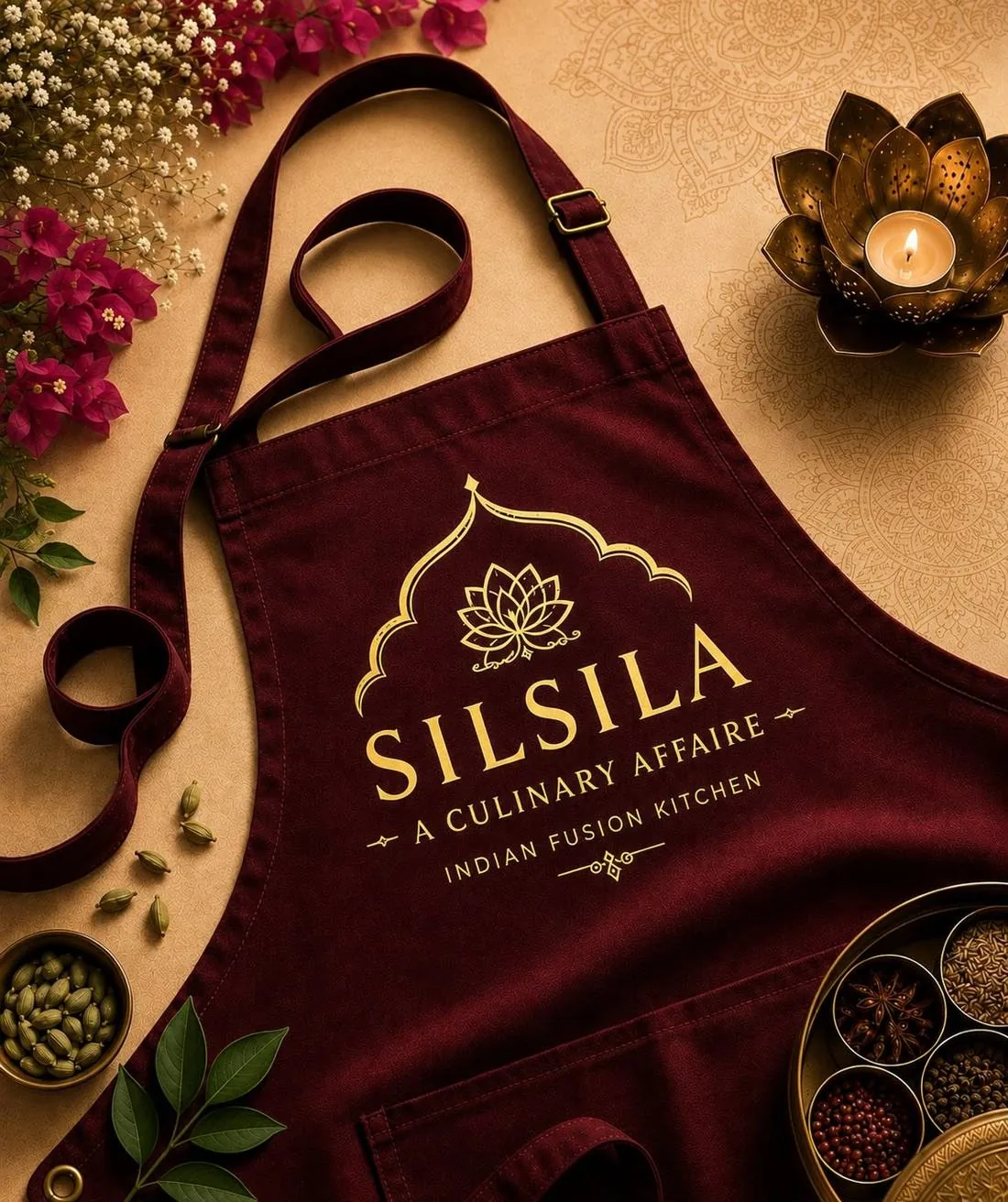 Silsila branded apron laid flat with spices