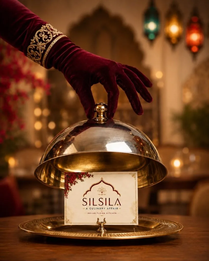 Gloved hand lifting a golden cloche to reveal Silsila's cream card